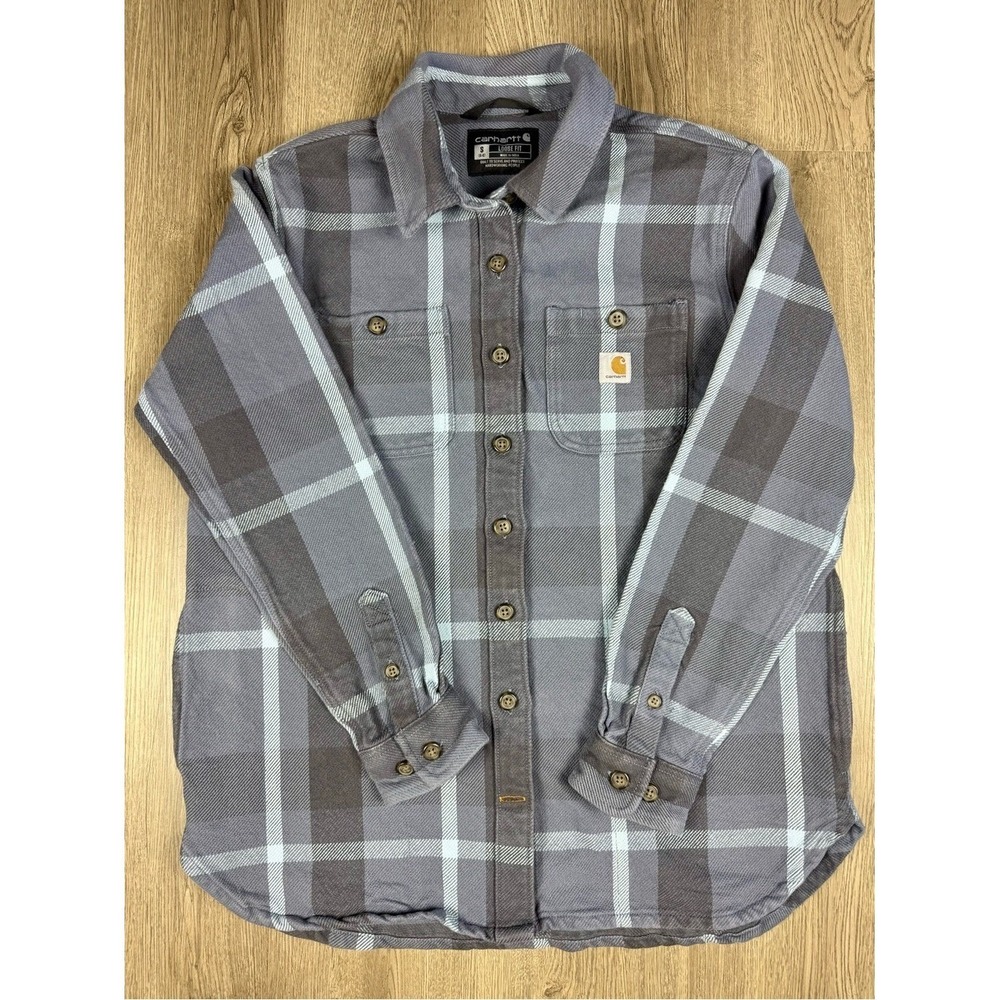 Carhartt Women's Loose Fit Plaid Flannel Blue Gray Button Up Cotton Jacket Small